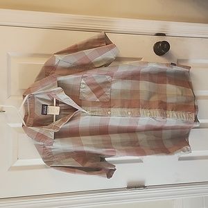 Large Patagonia shirt sleeve button up, red, blue.